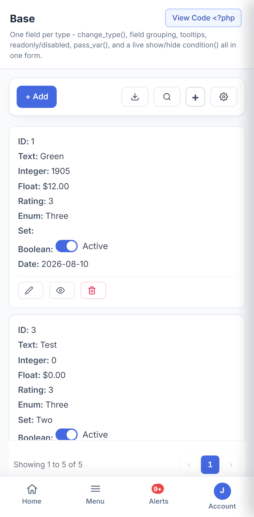 xCRUD Nova on a phone - field types