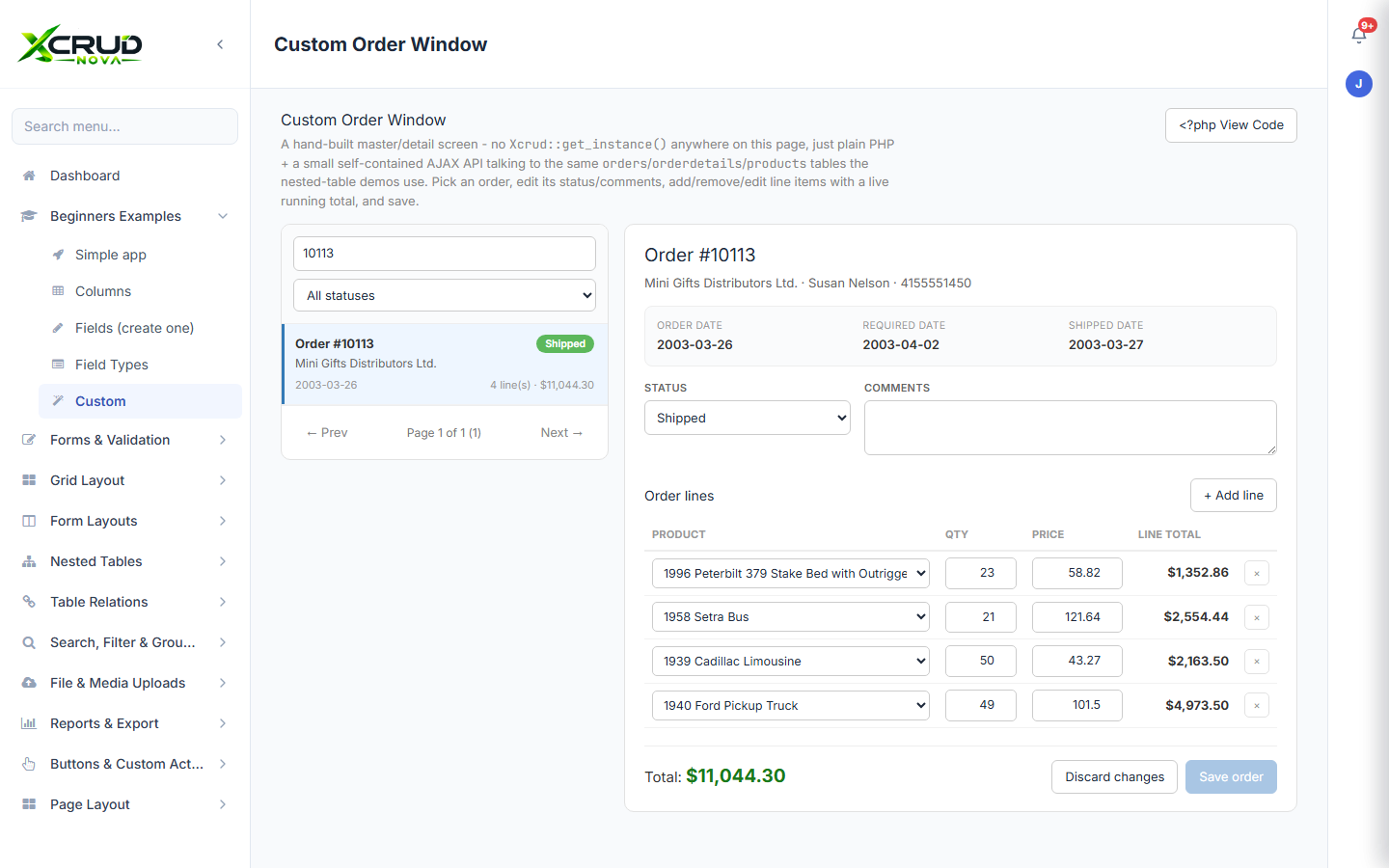 A hand-built order and order-lines editor, built without the grid/form widget