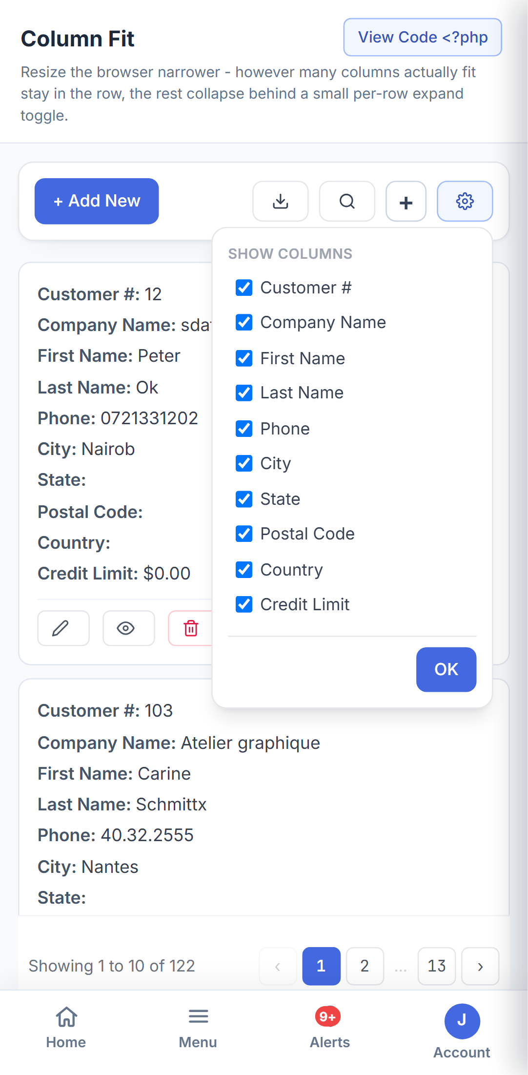 xCRUD Nova on a phone - grid settings