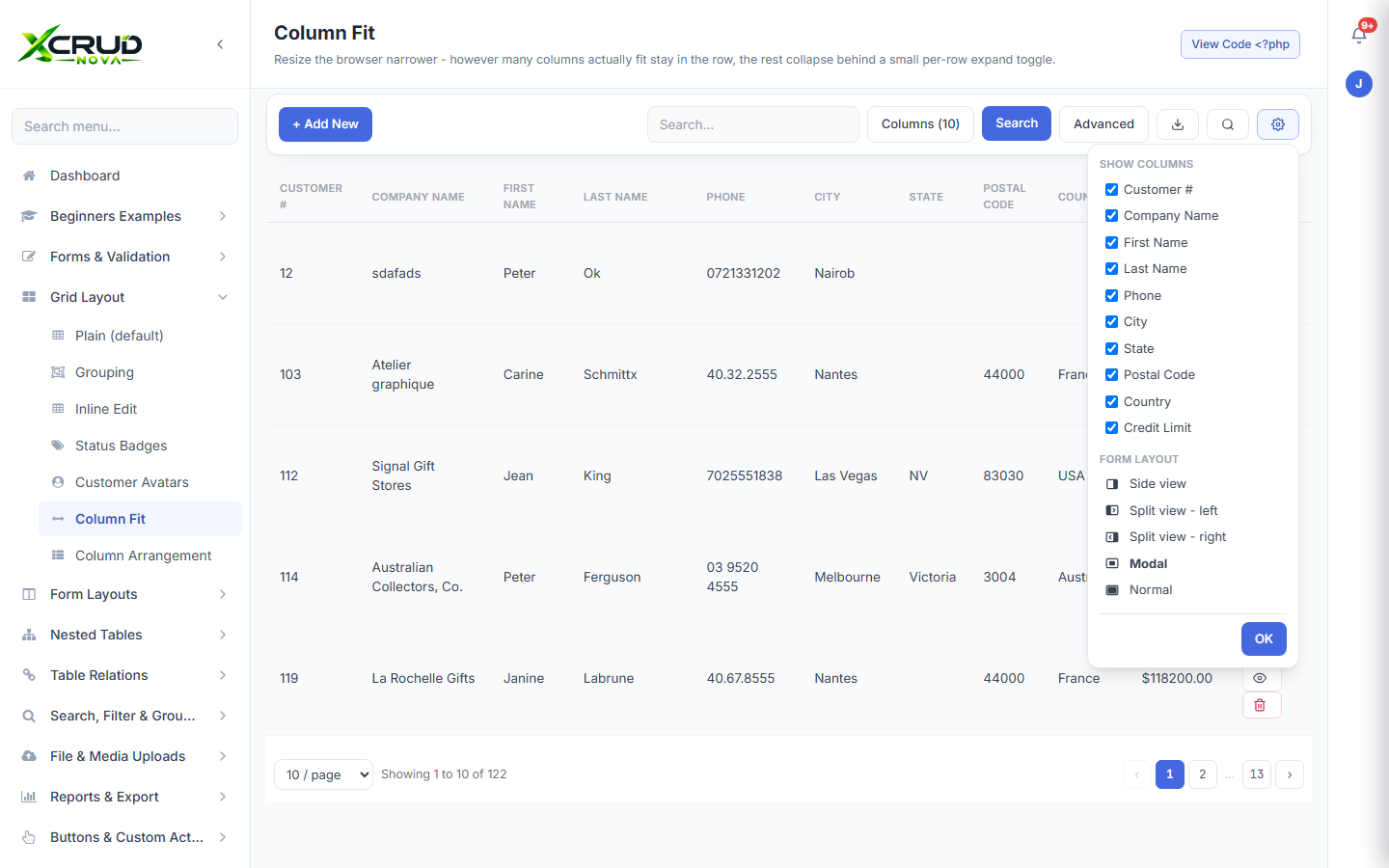 Built-in grid settings panel
