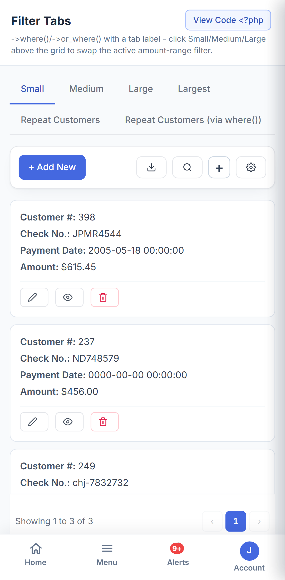 xCRUD Nova on a phone - filter tabs