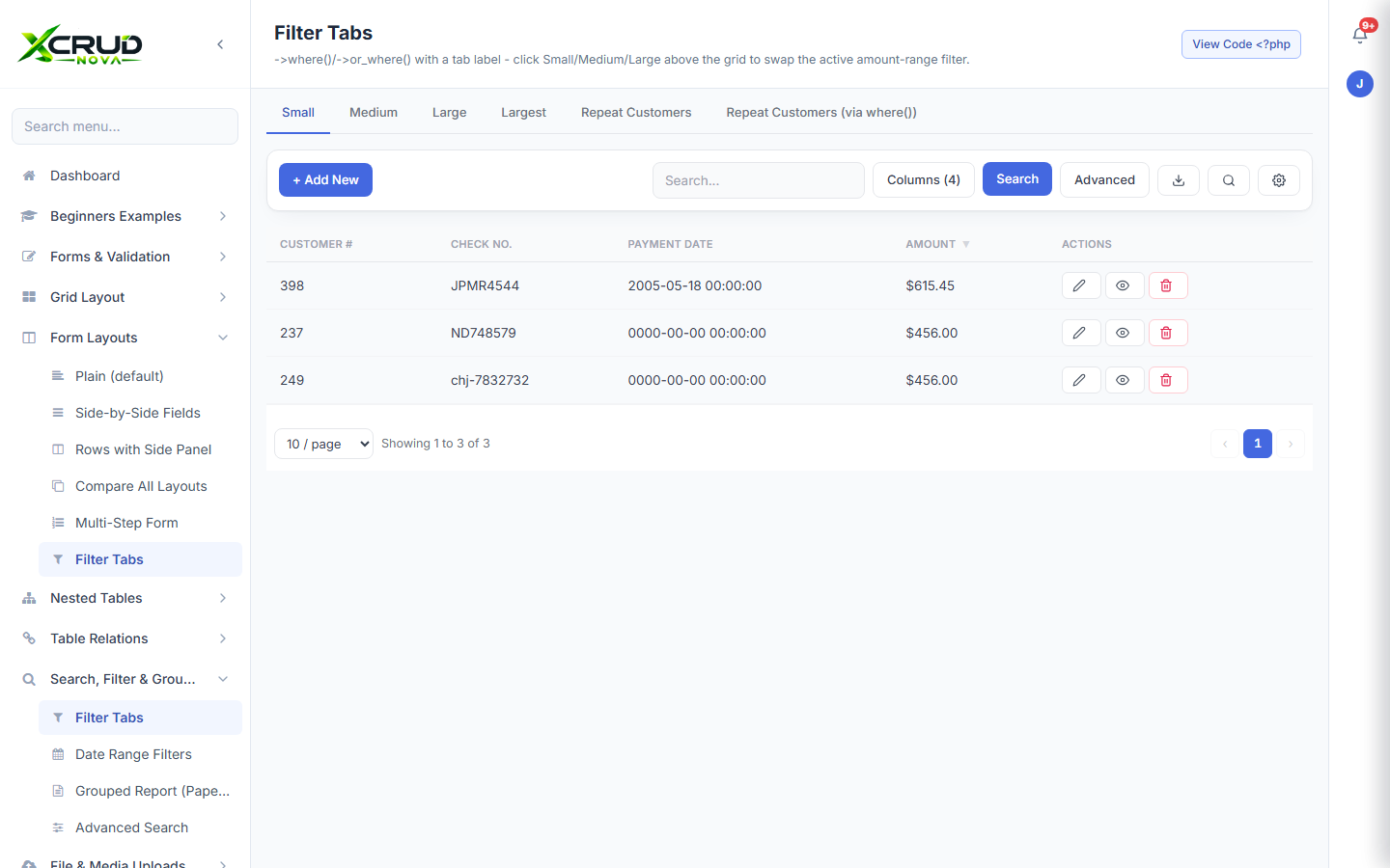 Filter tabs above a grid switching the active filter