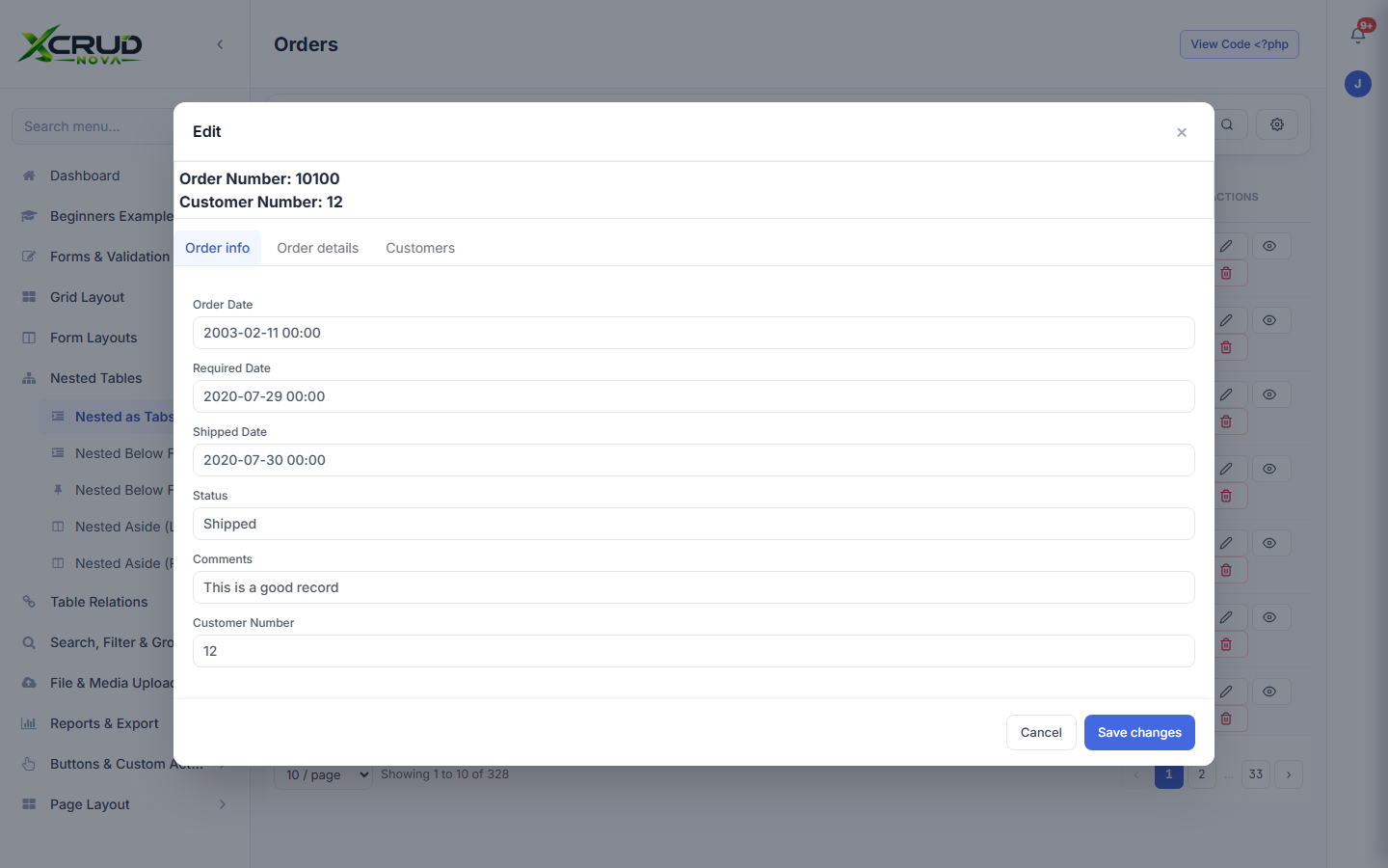 Nested tables organized as tabs