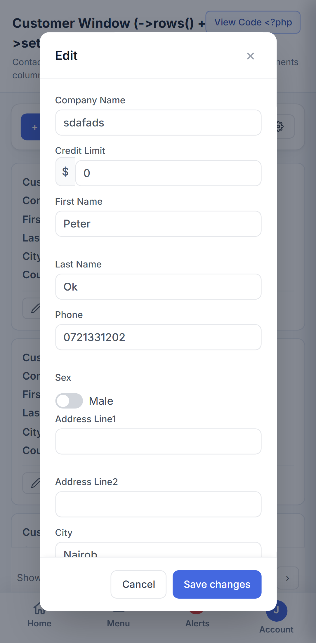 xCRUD Nova on a phone - rows and aside layout