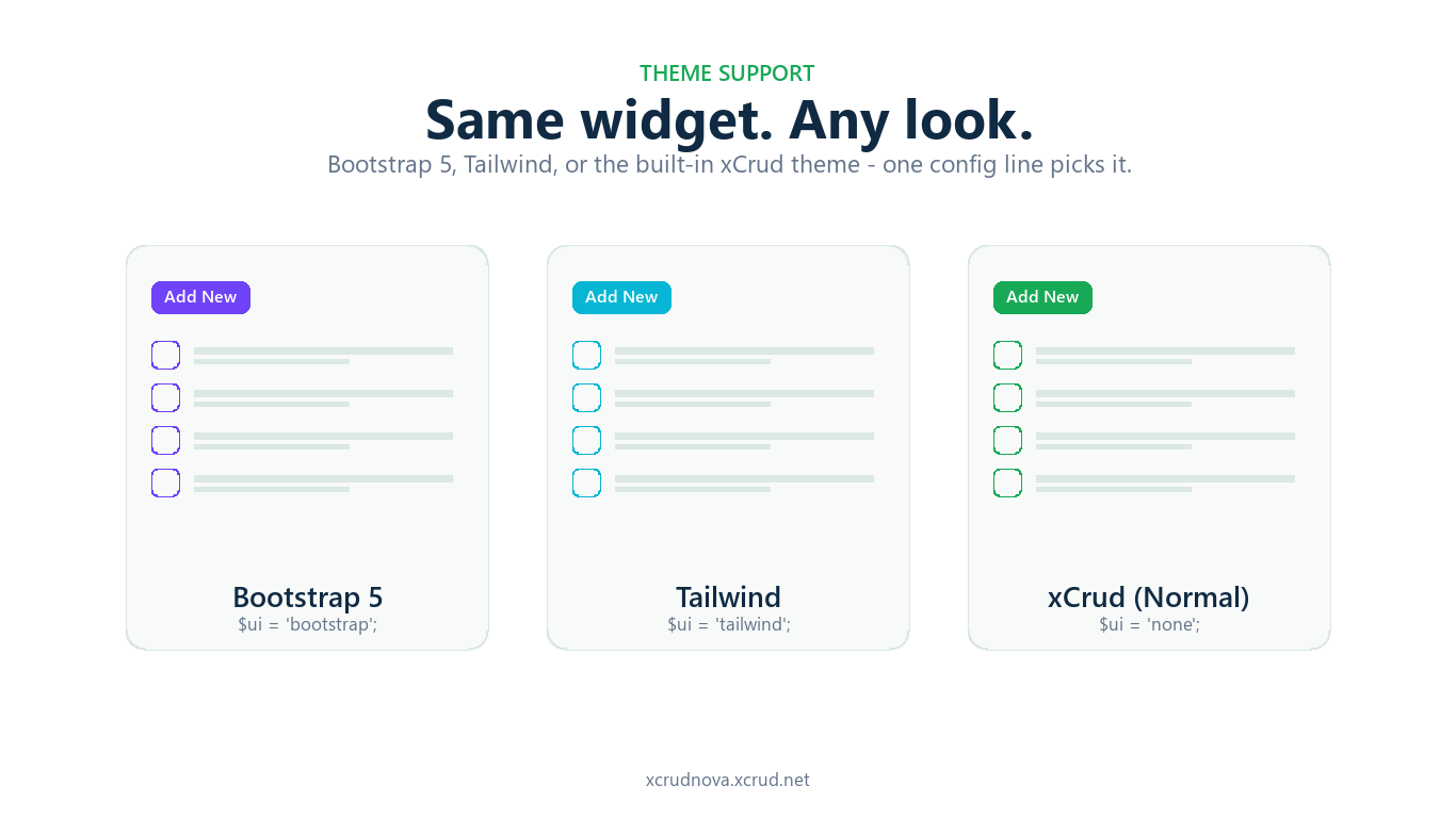 Bootstrap 5, Tailwind, and the built-in xCrud theme